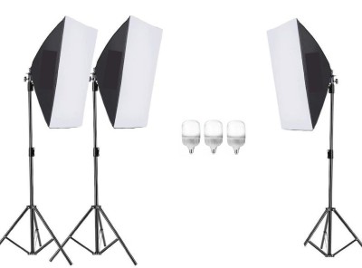 Kit echipament studio format din 3 x softbox si 3x becuri dedicate LED 20W de dumina alba foto