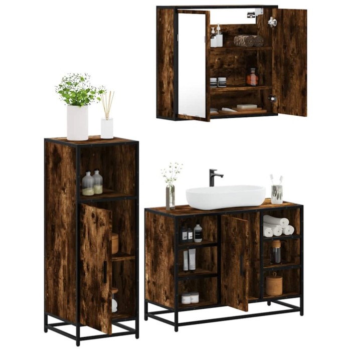 vidaXL Set mobilier de baie, 3 piese, stejar fumuriu, lemn prelucrat 3300972