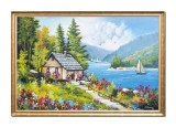 Cumpara ieftin Tablou cu rama gigant peisaj de la munte cu casa si flori multicolore pictat manual, Maretie, 130x90cm ulei pe panza, Constantin Feraru