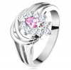 Inel strălucitor, brațe ramificate, floare zirconii roz și transparente, arce - Marime inel: 53