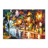 Tablou stilizat pictat manual, Plimbare relaxanta pe aleea felinarelor, 70x50cm ulei pe panza, Spectaculos