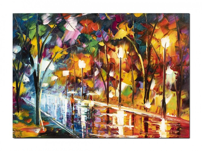 Tablou stilizat pictat manual, Plimbare relaxanta pe aleea felinarelor, 70x50cm ulei pe panza, Spectaculos