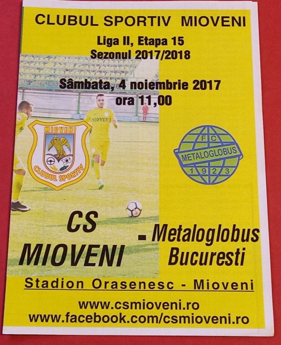 Program meci fotbal CS MIOVENI - METALOGLOBUS BUCURESTI (04.11.2017)