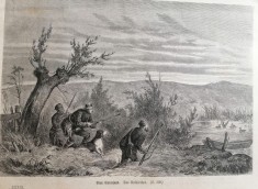 Litografie veche cu o vanatoare de rate salbatice (vanat/fauna/vanatori)