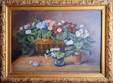 Cumpara ieftin Victor Kirsch-Vase cu primule, pictură pe p&acirc;nză, datată 1962, Flori, Ulei, Realism