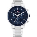 Cumpara ieftin Ceas Barbatesc Tommy Hilfiger 1710588 Cronograf, Argintiu, Bratara Metalica, Cadran Albastru, 44mm, Rezistent Apa