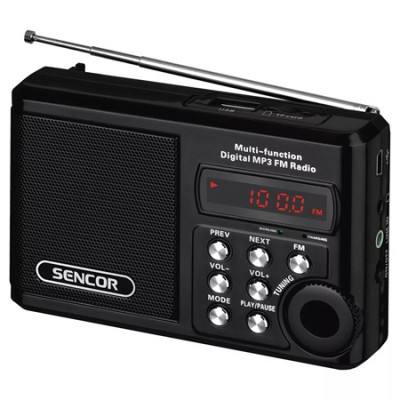Radio portabil Sencor, 2 W RMS, FM 88 - 108 Mhz, USB, antena telescopica, slot Micro SD, jack 3.5 mm, acumulator, Negru foto