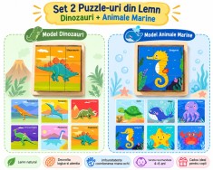 Set 2 puzzle-uri educative din lemn cu 9 cuburi, modele Dinozauri si Animale Marine, 6 imagini fiecare, joc Montessori pentru copii 4, 6 ani, 11 x 11