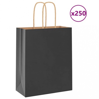 vidaXL Pungi de h&amp;acirc;rtie 250 buc cu m&amp;acirc;nere negre 18x8x22 cm foto
