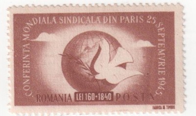 Conferinta Sindicala Mondiala - Paris, 1945, 160+1840 lei, NEOBLITERAT foto