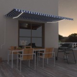 vidaXL Copertină automată cu LED&amp;senzor v&acirc;nt, albastru&amp;alb, 500x350 cm