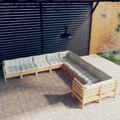 vidaXL Set mobilier grădină cu perne crem, 10 piese, lemn de pin