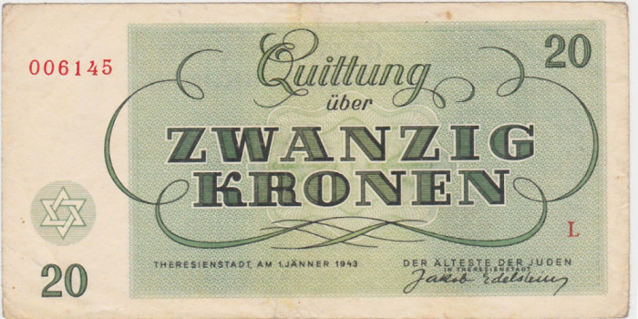 GERMANIA Theresienstadt 20 Kronen 1943 WWII Cehoslovacia Bohemia and Moravia