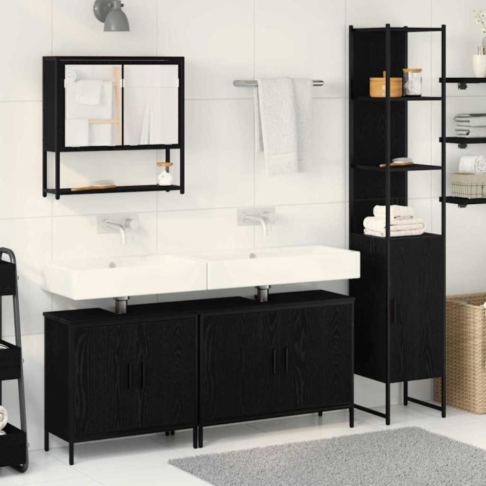Set Mobilier Baie de 4 Piese &icirc;n Stejar Negru și Lemn Prelucrat