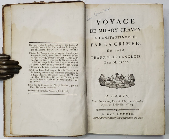 VOYAGE DE MILADY CRAVEN A CONSTATINOPLE PAR LA CRIMEE - 1789 PARIS