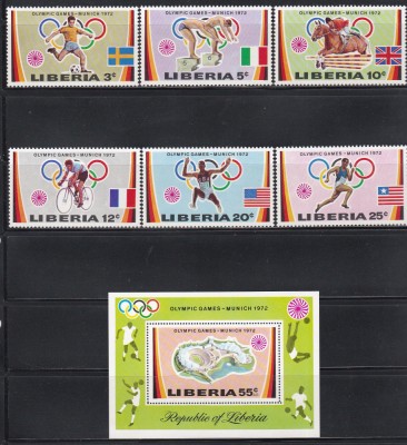 Liberia 1972 - Jocurile Olimpice - Munchen, Serie + Colita, MNH foto