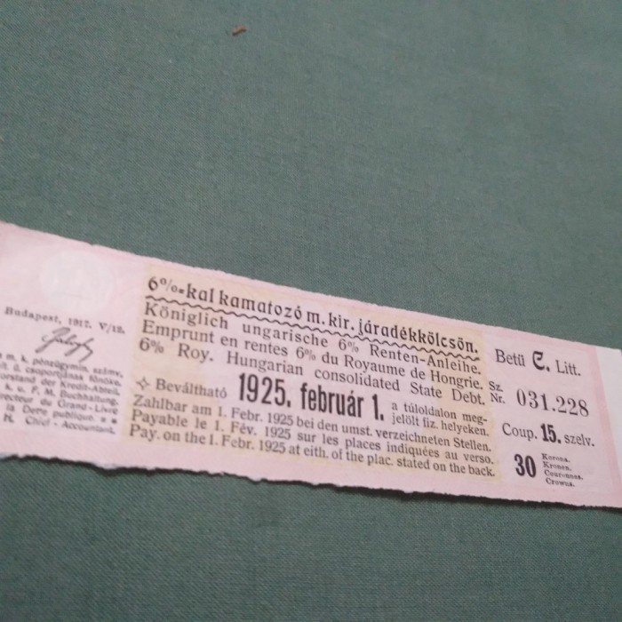 CUPOANE DE TREZORERIE CU REDUCERE 1925 UNGARIA