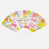 Evantai din Plastic Pliabil cu Model Flamingo, 22 cm, Alb, CMCLASS