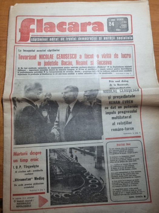 flacara 14 iunie 1985-ceausescu vizita in suceava,bacau,neamt,art.domnesti arges