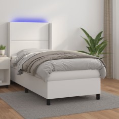 vidaXL Pat cu arcuri, saltea și LED, alb, 90x190 cm, piele ecologică 3139296