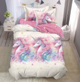 Cumpara ieftin Lenjerie De Pat Surinda Xc069, Bumbac, 4 Piese, Cu Elastic, Crem, Imprimeu, Roz