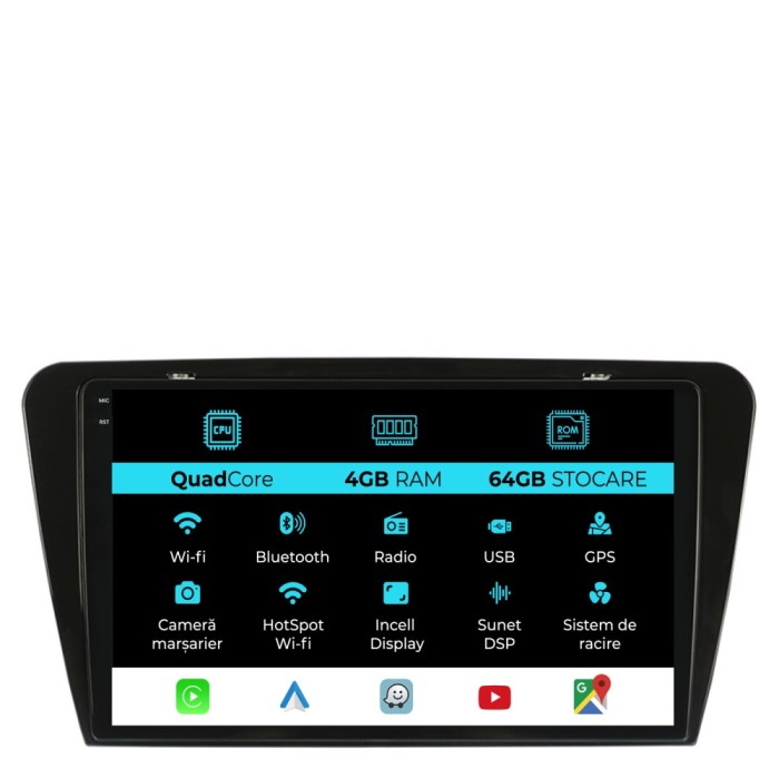 Navigatie Dedicata Skoda Octavia 3 (2013-2018), 10Inch,QuadCore, 4Gb Ram, 64Gb Stocare, Carplay