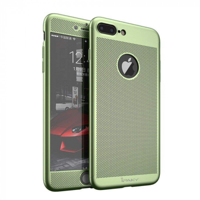 Husa Apple iPhone 7 Plus IPAKY Full Cover 360 Air cu Gauri Verde + Folie Sticla