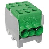 Clema de distributie derivatie 1 pol pe sina DIN omega 3 intrari ( 1x35+2x25mm2) pe fiecare parte, verde pentru impamantare, Pollmann
