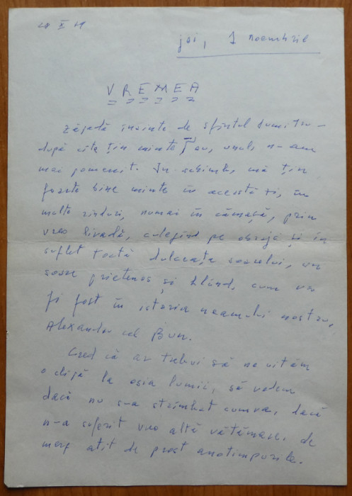Manuscris olograf Geo Bogza, Vremea, 5 pagini, 1979, eseu literar
