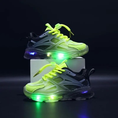 Adidasi in degrade, negru cu verde neon, cu luminite - Lilka (Marime foto