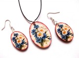 set bijuterii lemn cu flori albe si albastre 40467