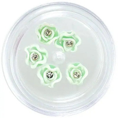 Decorațiuni verzi și albe pentru unghii - flori acrilice cu stras foto