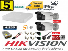 Sistem supraveghere video Hikvision 2 camere 5MP Turbo HD IR40 M cu DVR Hikvision 4 canale full accesorii, internet foto