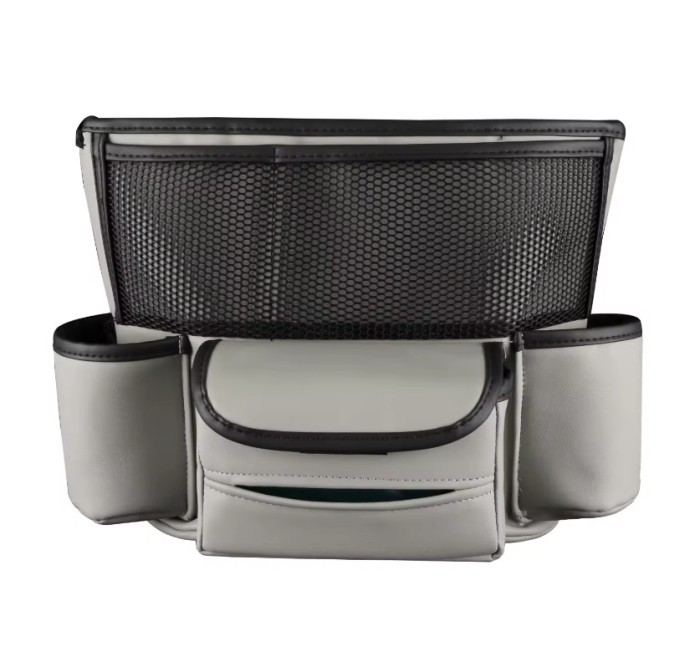 Organizator auto, multifunctional, 6 compartimente depozitare, compatibil cu orice masina, compartiment poseta, montare intre scaune, din piele, Gri,