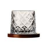 Pahar, pentru whiskey, model diamant, cu baza din lemn, transparent, din sticla, 11 x 9.2 x 8 cm, ergonomic si usor de manevrat, Oem