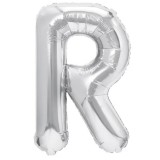 Balon folie metalizata litera r, flippy, 40 cm, umflati cu heliu sau aer, ambalaj individual, pai inclus, argintiu