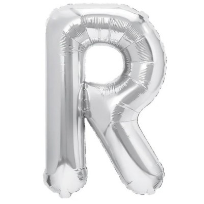 Balon folie metalizata litera r, flippy, 40 cm, umflati cu heliu sau aer, ambalaj individual, pai inclus, argintiu foto