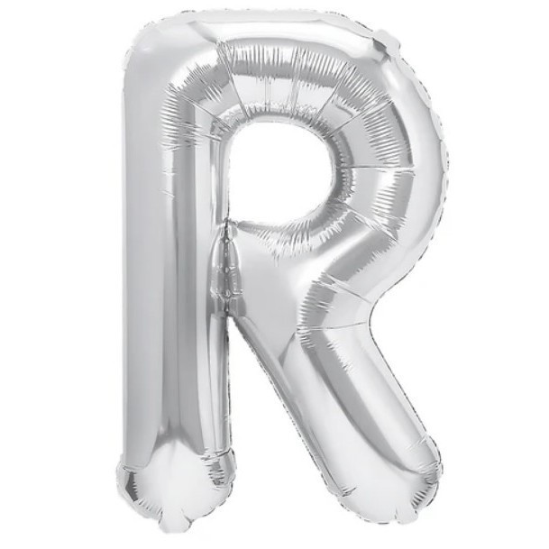 Balon folie metalizata litera r, flippy, 40 cm, umflati cu heliu sau aer, ambalaj individual, pai inclus, argintiu