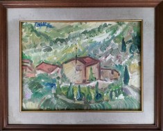 Casa &ndash; peisaj, pictură expresionistă pe p&acirc;nză, semnată indescifrabil