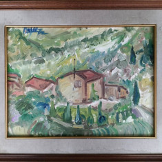 Casa – peisaj, pictură expresionistă pe pânză, semnată indescifrabil