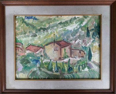 Casa &amp;ndash; peisaj, pictură expresionistă pe p&amp;acirc;nză, semnată indescifrabil foto