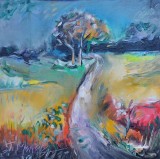 Pictură originală ulei pe p&acirc;nză &bdquo;Drum de țară spre copacul de toamnă&rdquo; 17x17 cm, pe șasiu. Certificat cu semnătura și ștampila artistului
