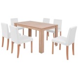 Masa si scaune 7 piese, piele artificiala, stejar, crem