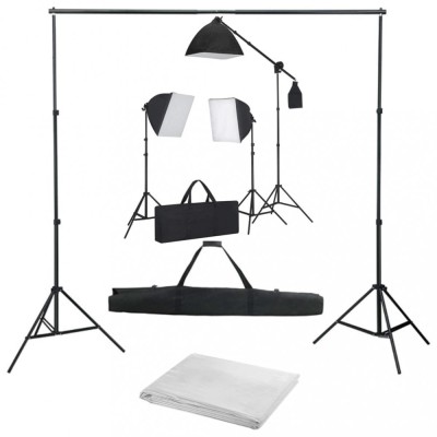 Kit foto studio,3 lumini softbox,suport fundal 2x3m,3x bec 150W, panza fundal alb 2x3m, macara + geanta transport foto