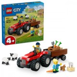 Tractor de ferma rosu cu remorca si oi