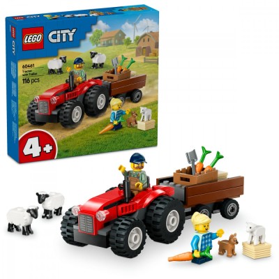Tractor de ferma rosu cu remorca si oi foto