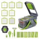 Razatoare Multifunctionala 22 de piese Dalys&reg; pentru legume si fructe, cu functie de caserola, lame din otel inoxidabil si maner protectie, Verde/Gri