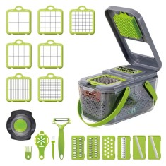 Razatoare Multifunctionala 22 de piese Dalys&reg; pentru legume si fructe, cu functie de caserola, lame din otel inoxidabil si maner protectie, Verde/Gri