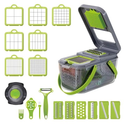 Razatoare Multifunctionala 22 de piese Dalys&amp;reg; pentru legume si fructe, cu functie de caserola, lame din otel inoxidabil si maner protectie, Verde/Gri foto