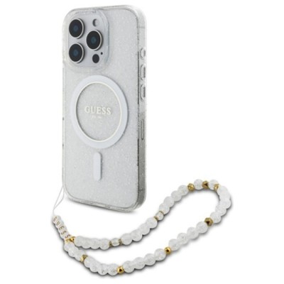 Husa pentru iPhone 16 Pro - Guess IML Glitter with Pearl Strap MagSafe (GUHMP16LHGCRELST) - Clear foto